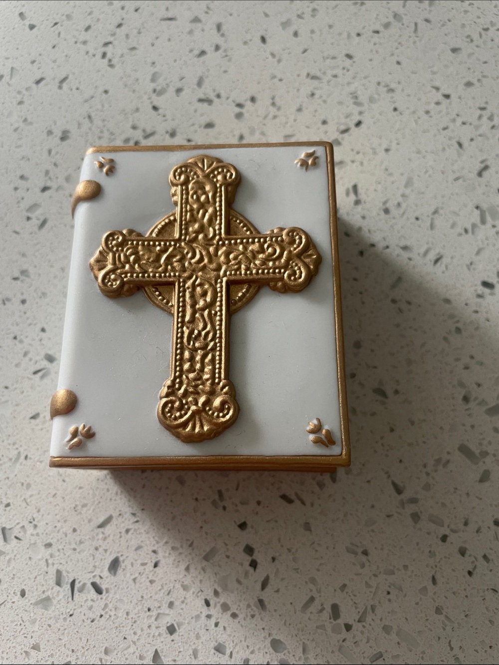 Decorative White Box with Gold Cross Accent